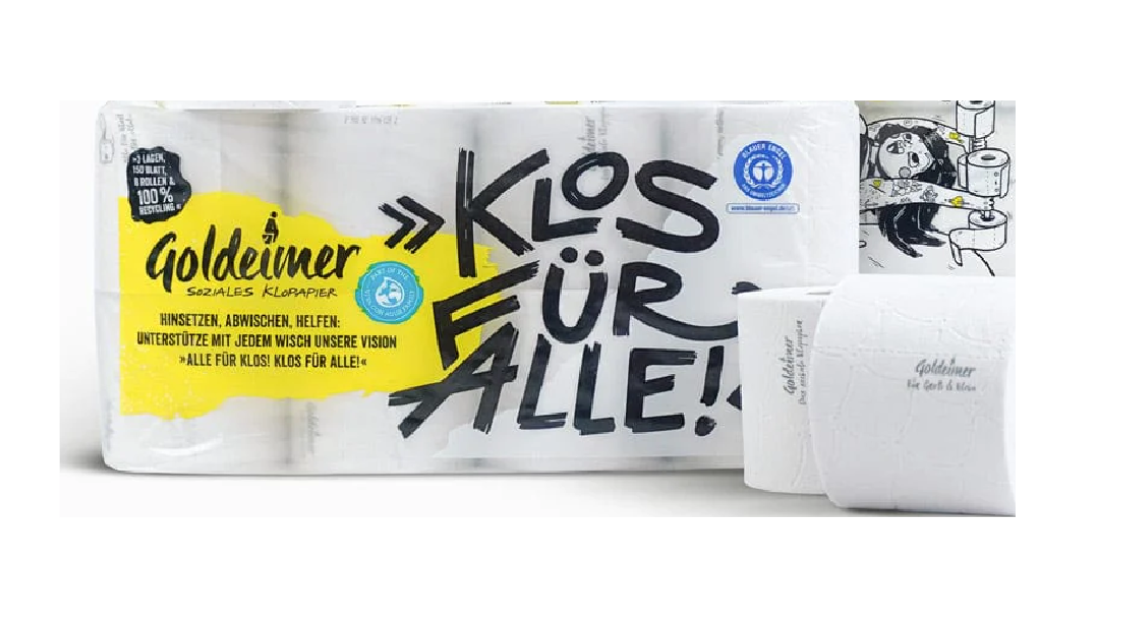 Klopapier der Marke Goldeimer, mit den Schriftzügen "Klos für Alle" und "Soziales Klopapier"