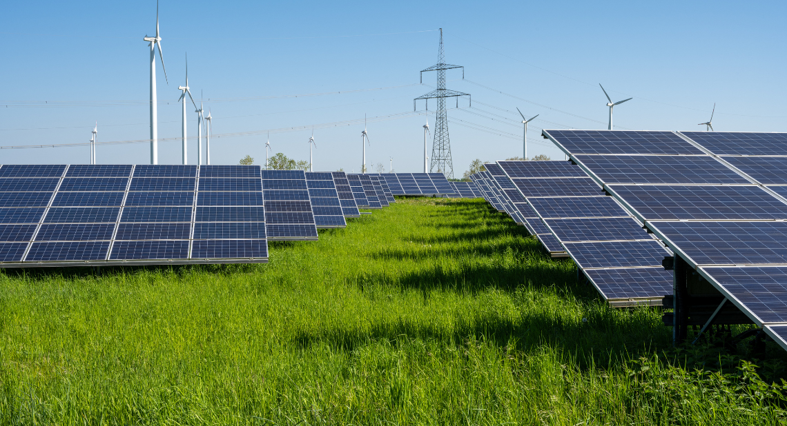 Windräder und Solarpanels auf Wiese.