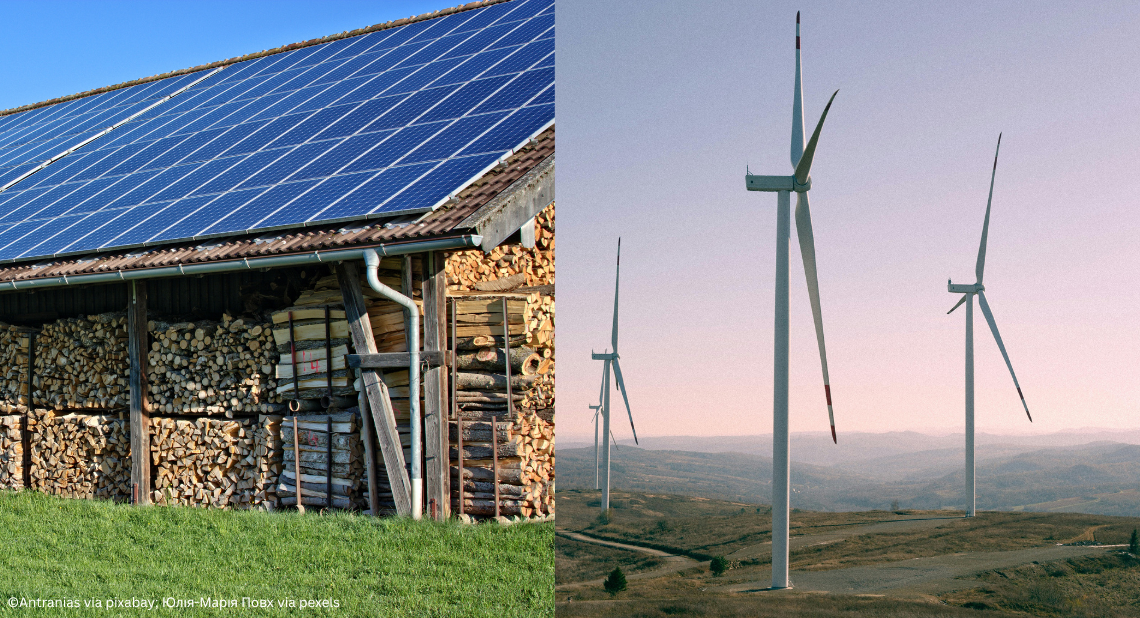 Solaranlage auf Hausdach und Winräder in der Landschaft