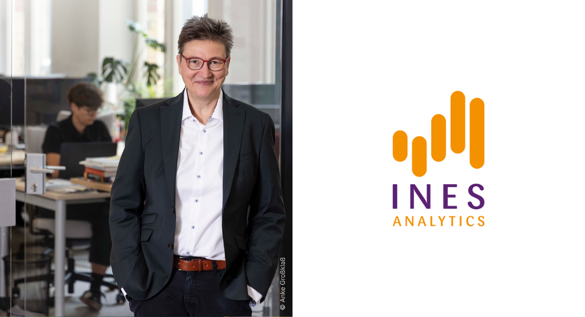 Porträt von Dr. Tanja Schmidt und daneben das Logo von Ines Analytics auf weißem Hintergrund