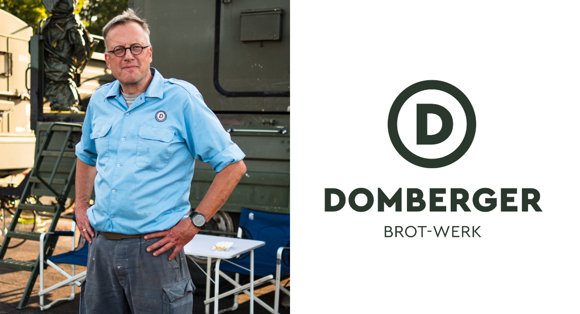 Portrait von Florian Domberger auf der linken Seite und auf der rechten Seite das Logo von Domberger Brot-Werk