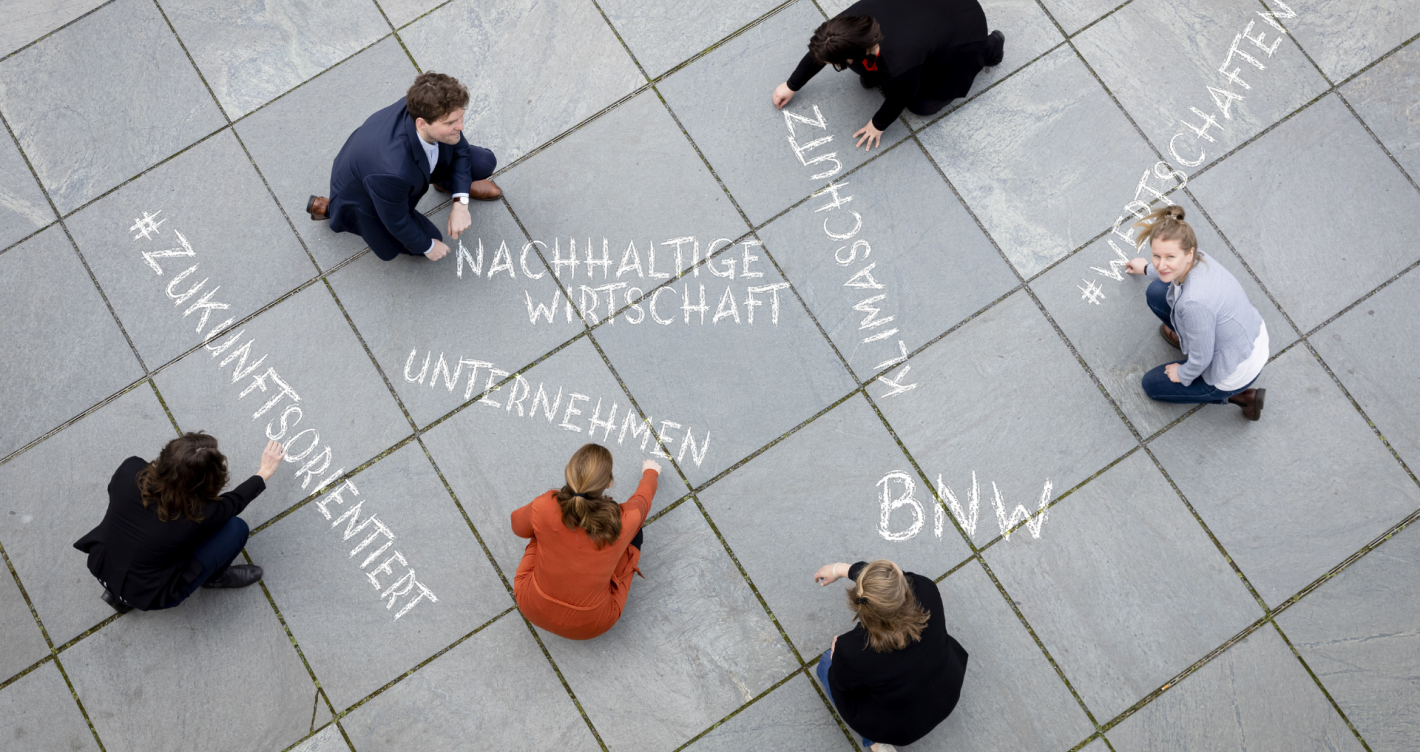 Das BNW-Team schreibt mit Kreide Nachhaltige Wirtschaft, Unternehmen, Klimaschutz. Zukunftsorientiert, BNW und #Wertschaften
