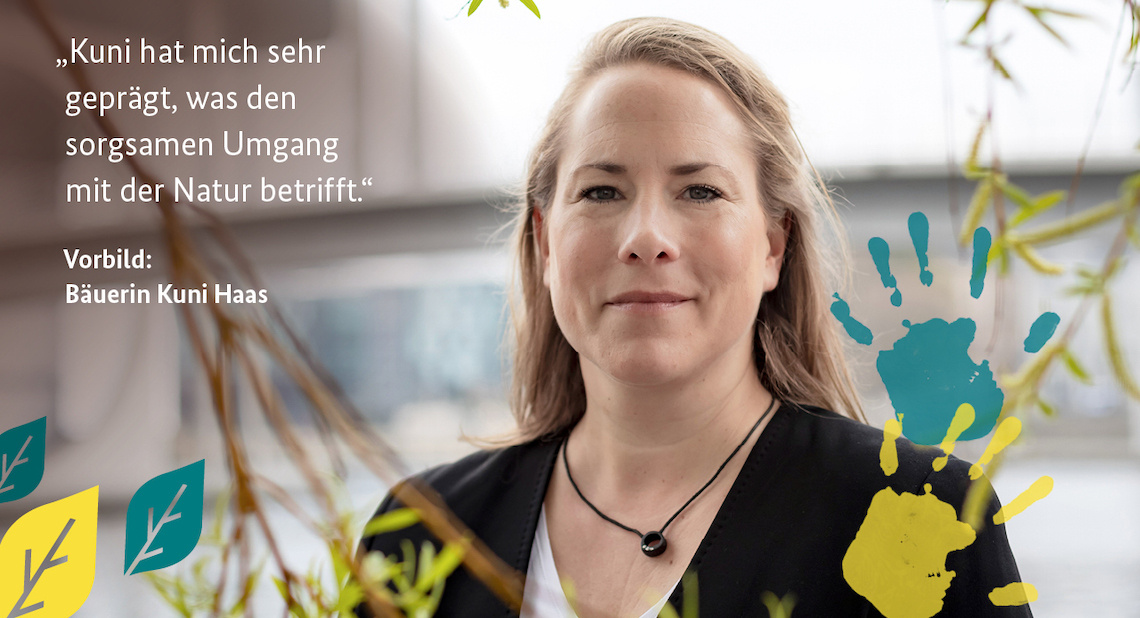 Bild von Dr. Katharina Reuter mit Text:  "Kuni hat mich sehr geprägt, was den sorgsamen Umgang mit der Natur betrifft. - Vorbild: Kuni Haas"