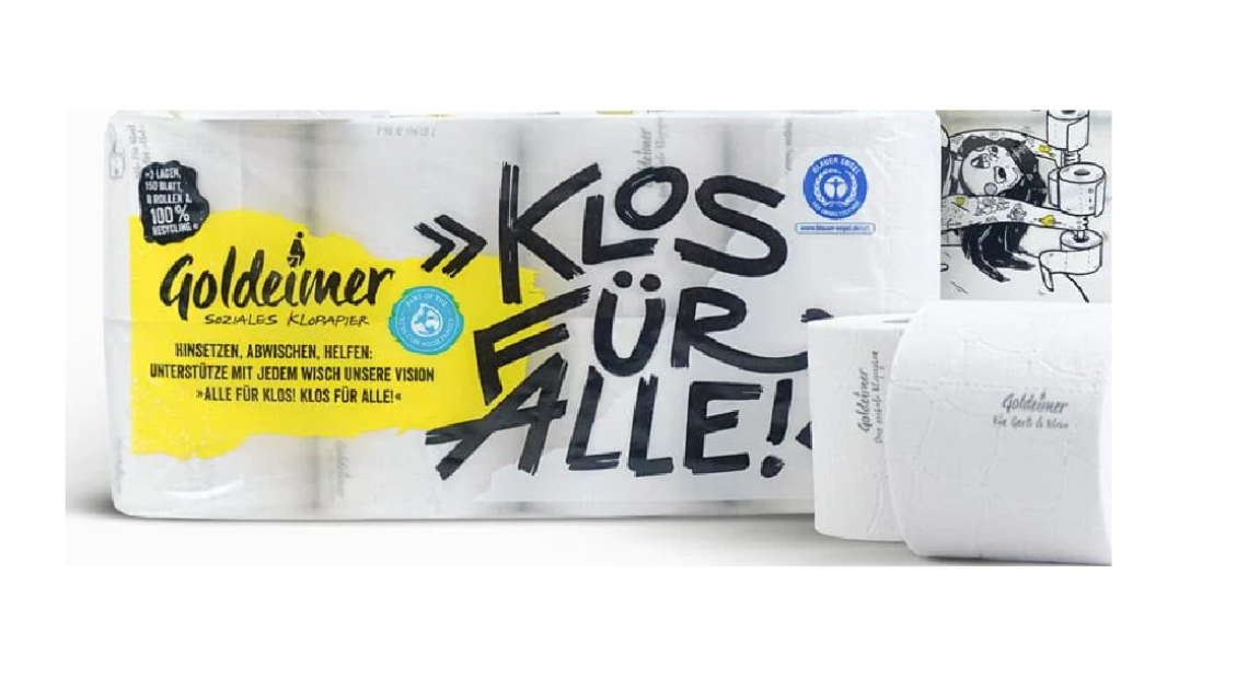 Klopapier der Marke Goldeimer, mit den Schriftzügen "Klos für Alle" und "Soziales Klopapier"