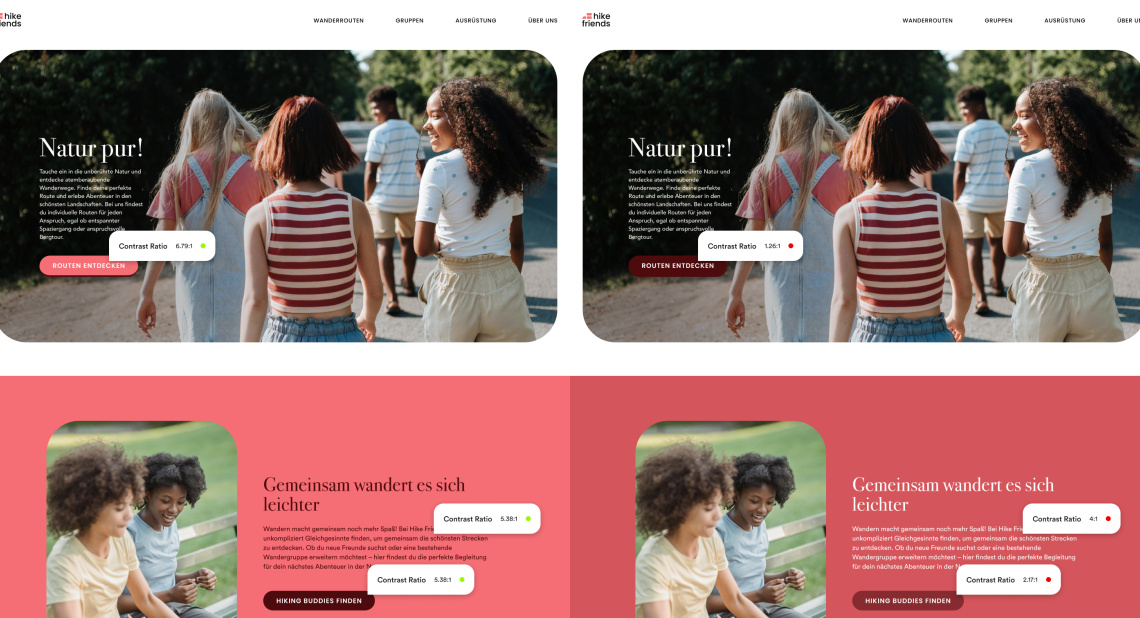 Vier Vergleichskacheln für Barrierefreie Farbkontraste: Die linken Kacheln zeigen gute Kontraste, bei denen sich die Buttons deutlich vom Hintergrund abheben. Die rechten Kacheln zeigen Negativbeispiele. Die Buttons heben sich nicht gut vom Hintergrund ab und sind nicht lesbar für Screenreader