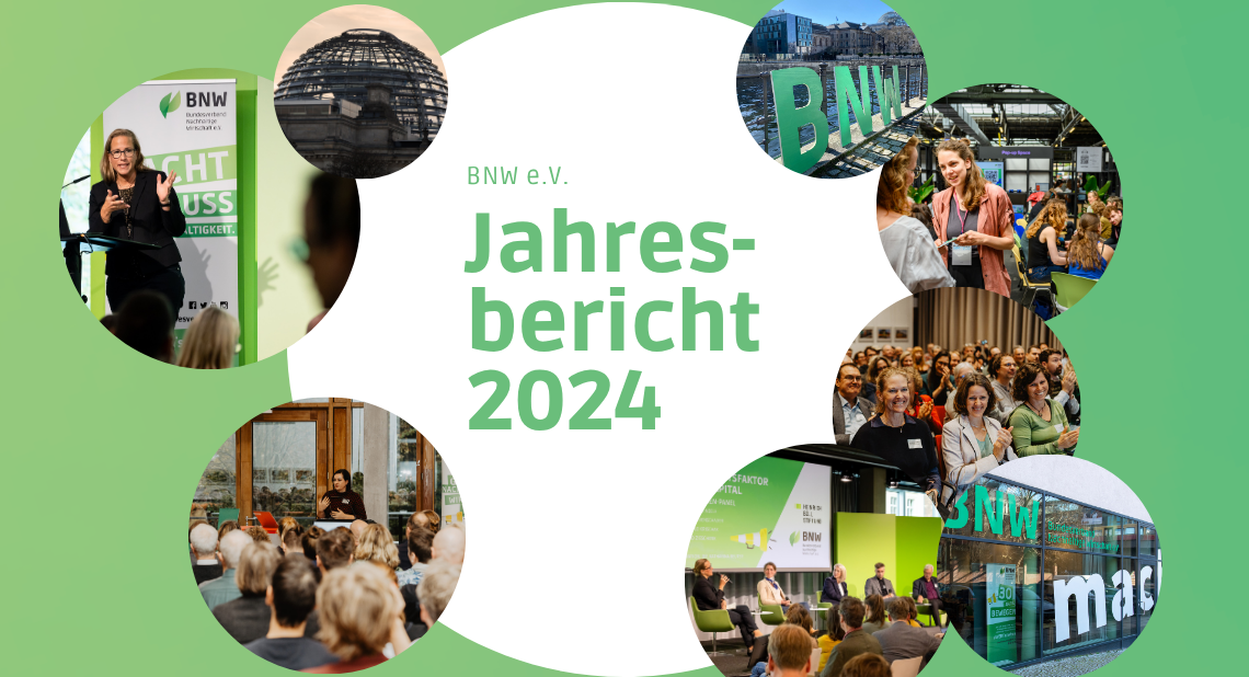 BNW e.V. Jahresbericht 2024. Daneben in runden Bildern vor grünem Hintergrund wichtige Bilder aus dem Jahr 2024 beispielsweise von der Jahreskonferenz
