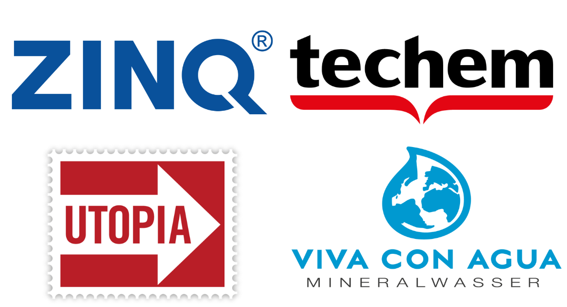 Logos von ZINQ, Techem, Utopia und Viva con Agua