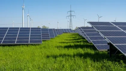 Windräder und Solarpanels auf Wiese.