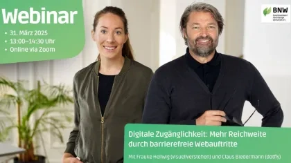 Sharepic zur Ankündigung des Webinars Digitale Zugänglichkeit: Mehr Reichweite durch barrierefreie Webauftritte mit einem Porträt der Referent:innen Frauke Hellwig und Claus Biedermann