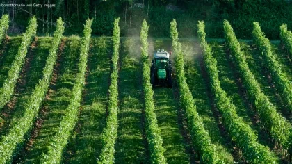 Bild von Traktor auf Feld, der Pestizide versprüht.