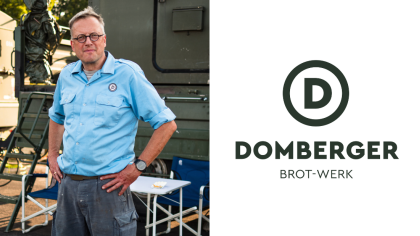 Portrait von Florian Domberger auf der linken Seite und auf der rechten Seite das Logo von Domberger Brot-Werk