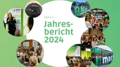 BNW e.V. Jahresbericht 2024. Daneben in runden Bildern vor grünem Hintergrund wichtige Bilder aus dem Jahr 2024 beispielsweise von der Jahreskonferenz
