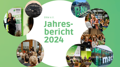BNW e.V. Jahresbericht 2024. Daneben in runden Bildern vor grünem Hintergrund wichtige Bilder aus dem Jahr 2024 beispielsweise von der Jahreskonferenz