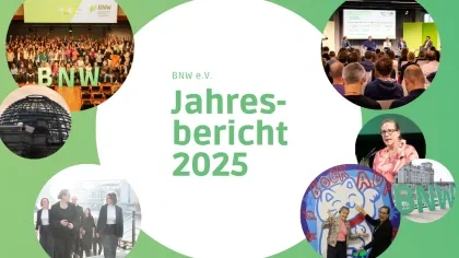 Titelbild des BNW-Jahresberichts 2025: Grüner Hintergrund mit großer weißer Fläche und dem Schriftzug ‚BNW e.V. Jahresbericht 2025‘. Darum angeordnet sind runde Fotos von Veranstaltungen, Gebäuden, Podiumsdiskussionen und BNW-Mitarbeitenden